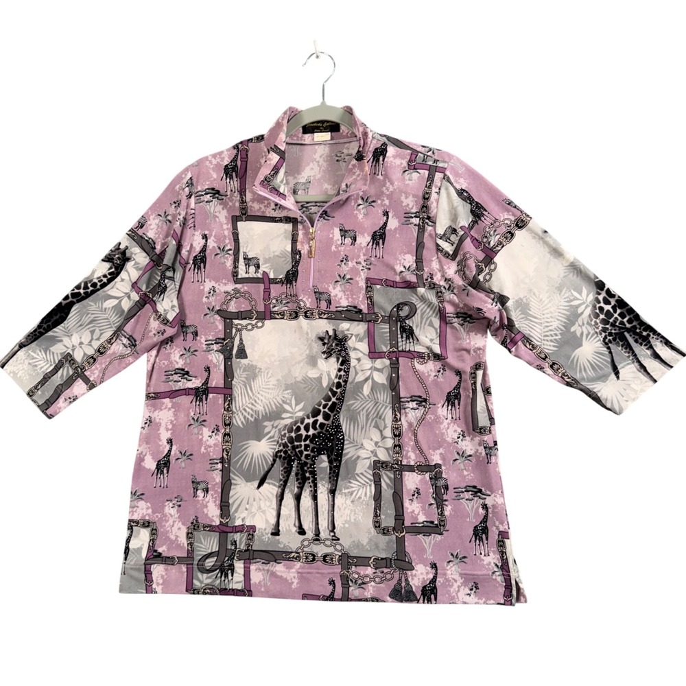 VTG 90s Giraffe Safari 1/4 Zip Top Whimsigoth Maximalist Art To Wear Eccentric L